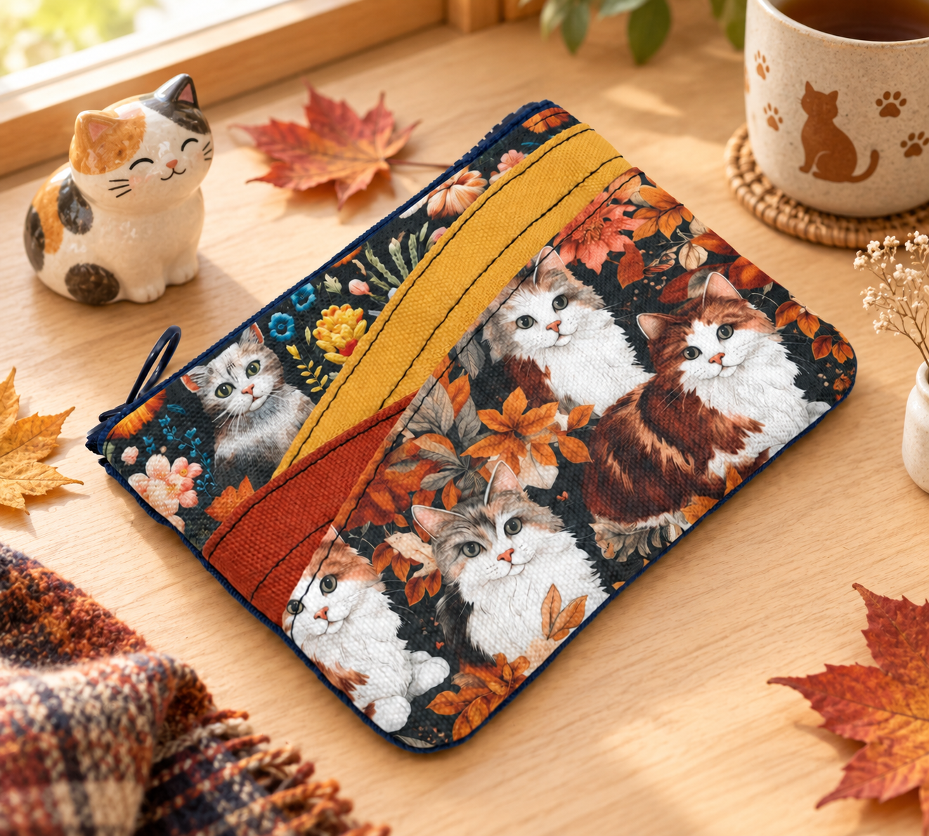 暖秋花貓弧形口袋卡片零錢包 Autumn cat curved-pocket purse