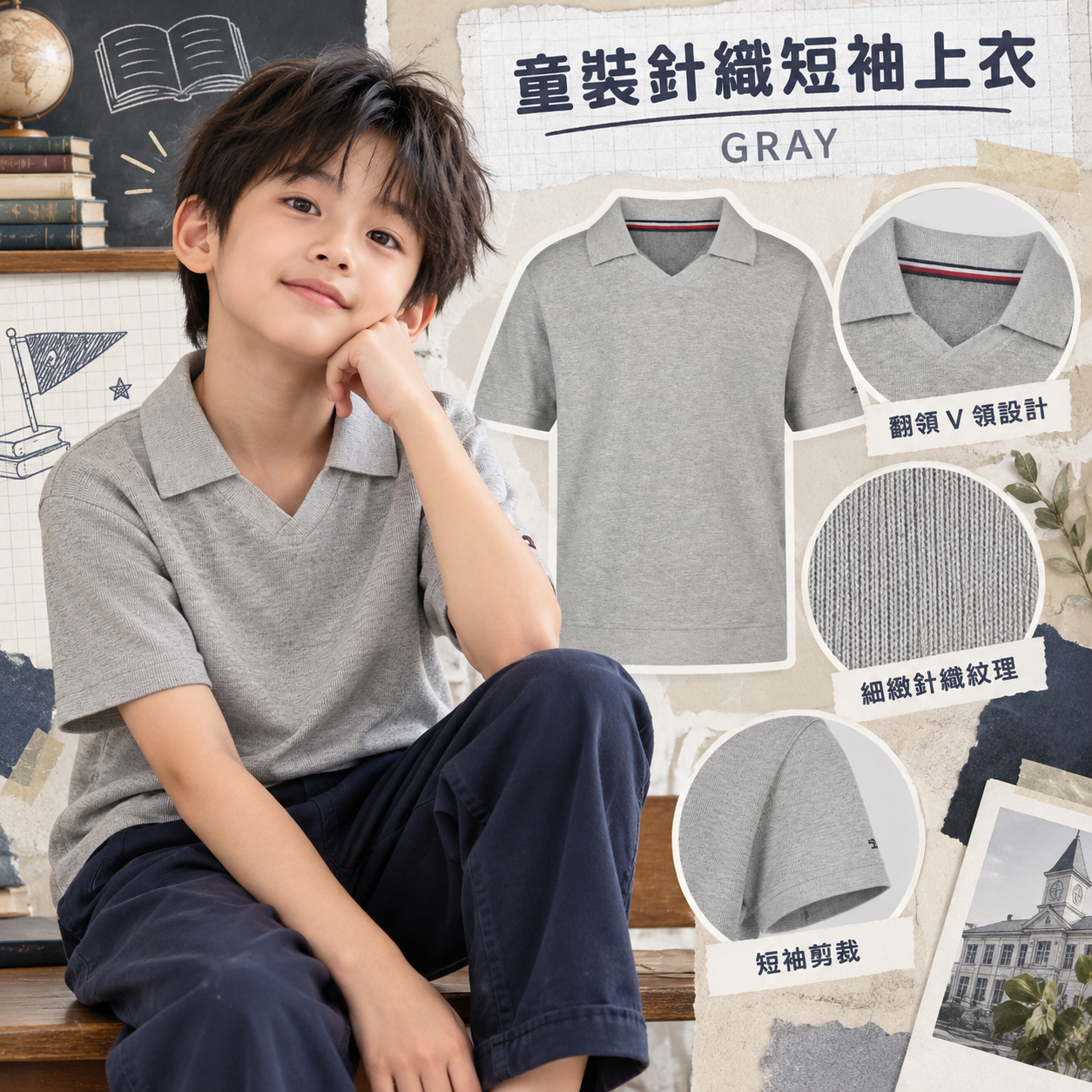 【預購】TOMMY HILFIGER N091251 Johnny 童裝針織短袖上衣 (灰色)