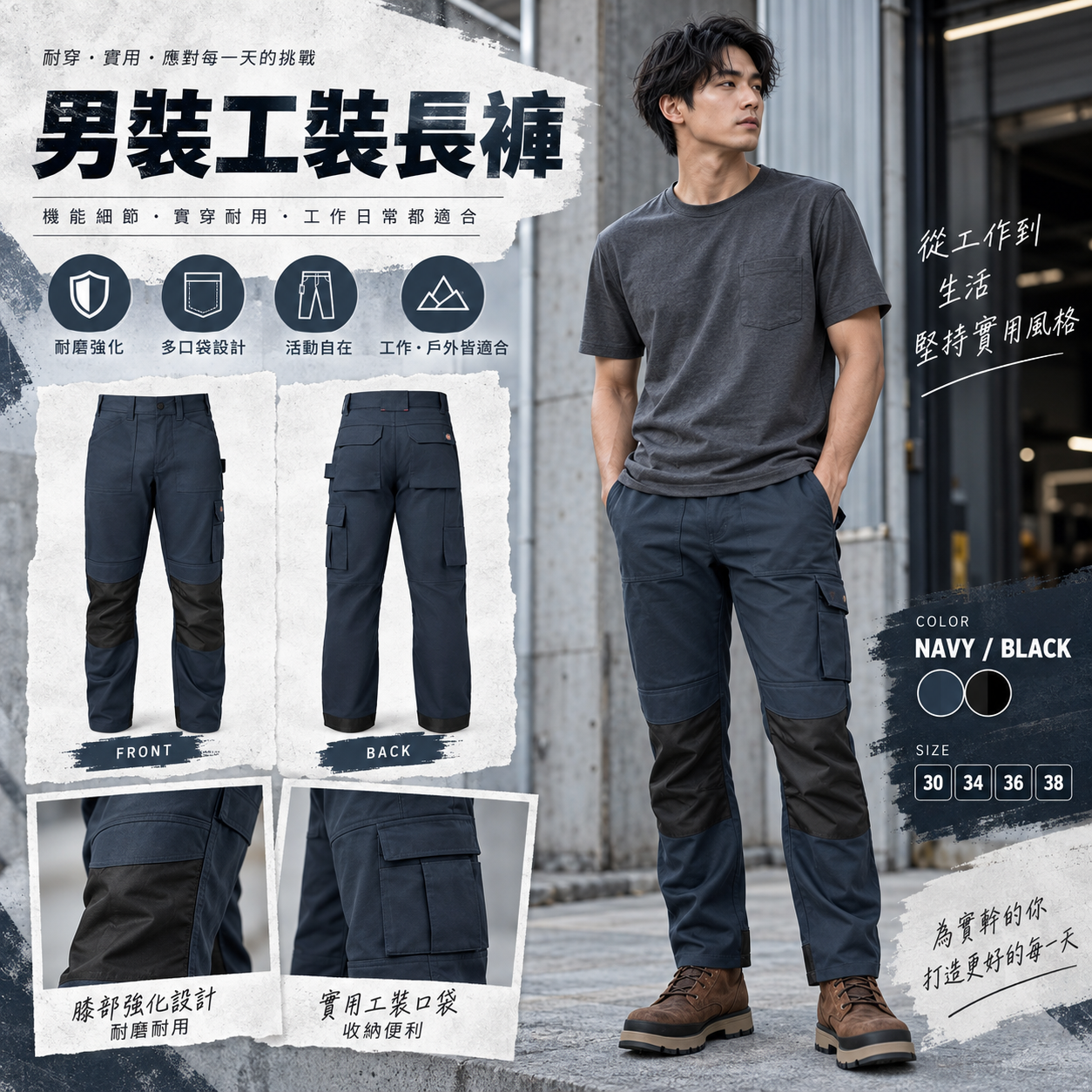 【預購】DICKIES N091208 男裝工裝褲 (深藍拼黑色)