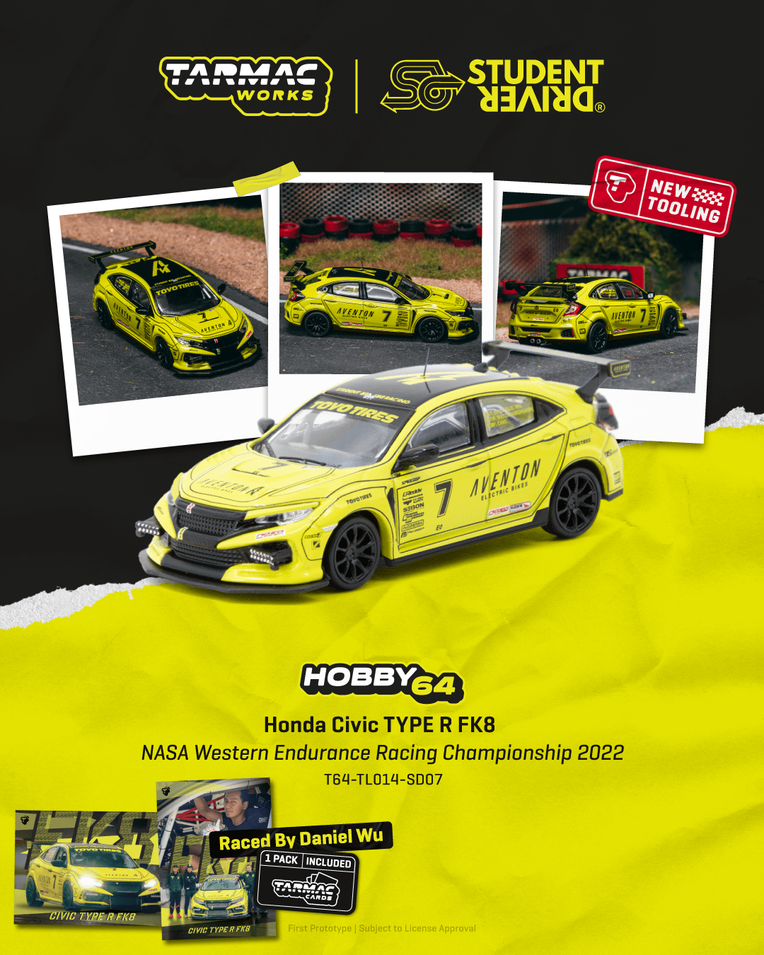 Tarmac Works 1/64 Honda Civic Type R FK8 NASA Western Endurance Racing Championship 2022 #7 Daniel Wu／Tazio Ottis／Will Watanawongkiri／Patrick Chio 模型車＋收藏卡套裝