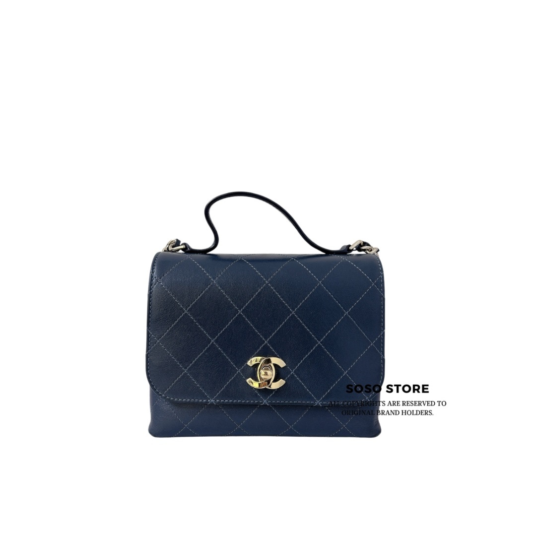 Chanel Top Handle Flap Bag - Navy Blue / GHW