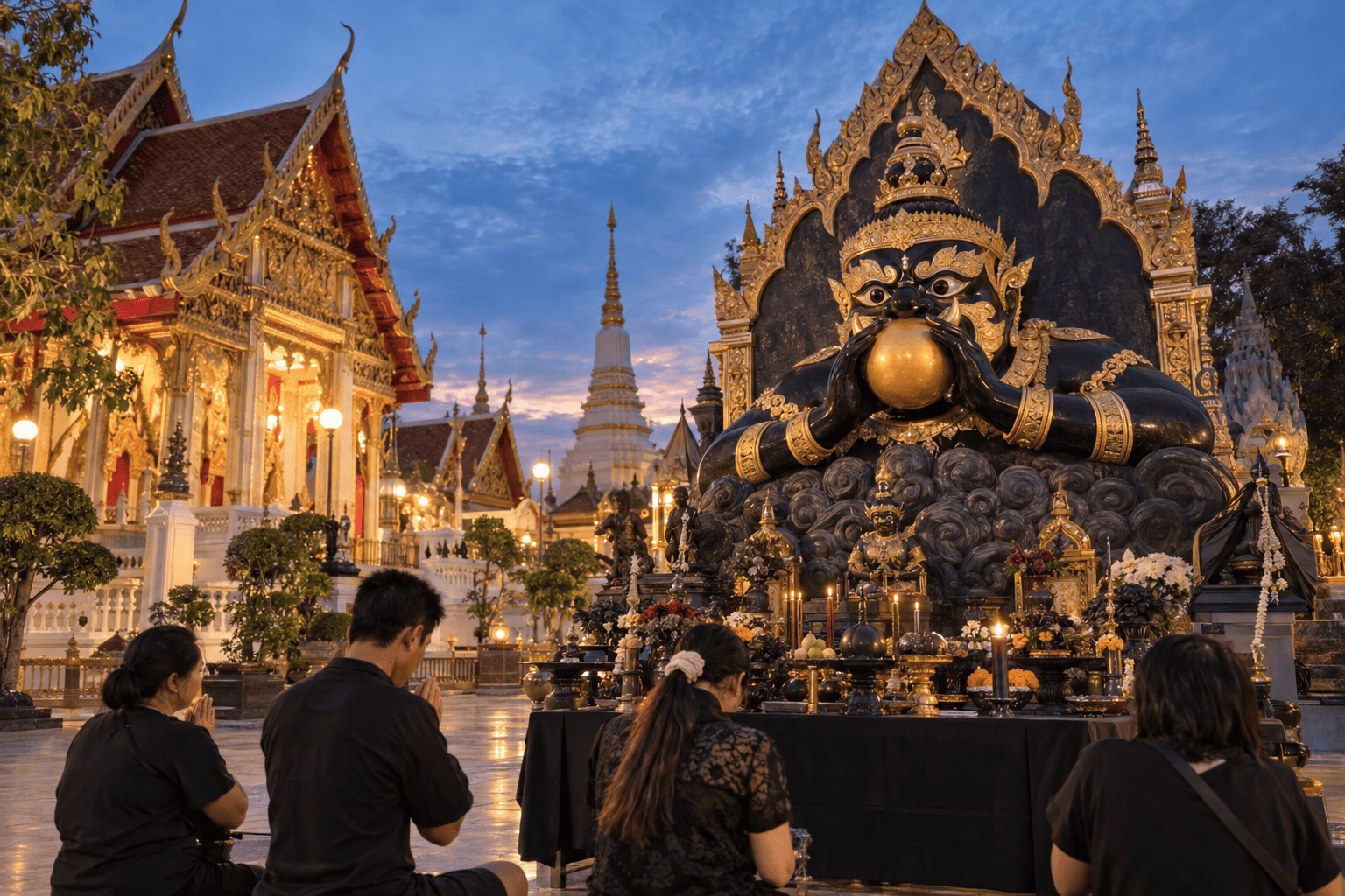 泰國寺廟拉胡天神參拜與供奉場景