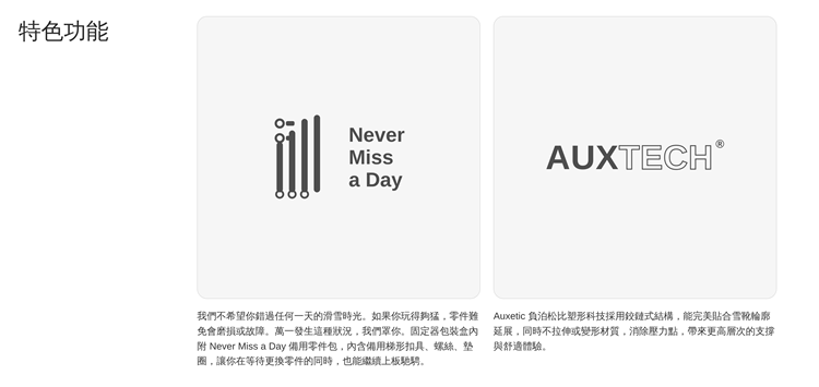 【BATALEON】Ghost Fase®-SB單板固定器(女)的兩項特色功能:Never Miss a Day隨附備用零件包提供緊急維修保障,讓騎手不因小零件損壞而中斷行程;AUXTECH®負泊松比絞縺結構則貼合鞋型、分散壓力,提升整體包覆支撐與穿著舒適度