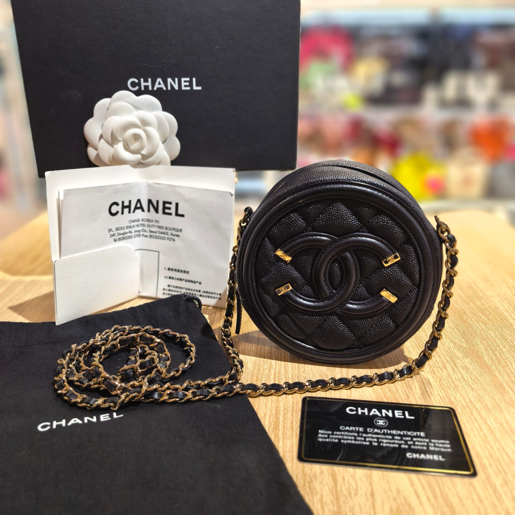 99.9%NEW二手CHANEL圓餅斜揹袋, A67086, 黑色荔枝皮金鏈, 小廢包, #香榭站正品