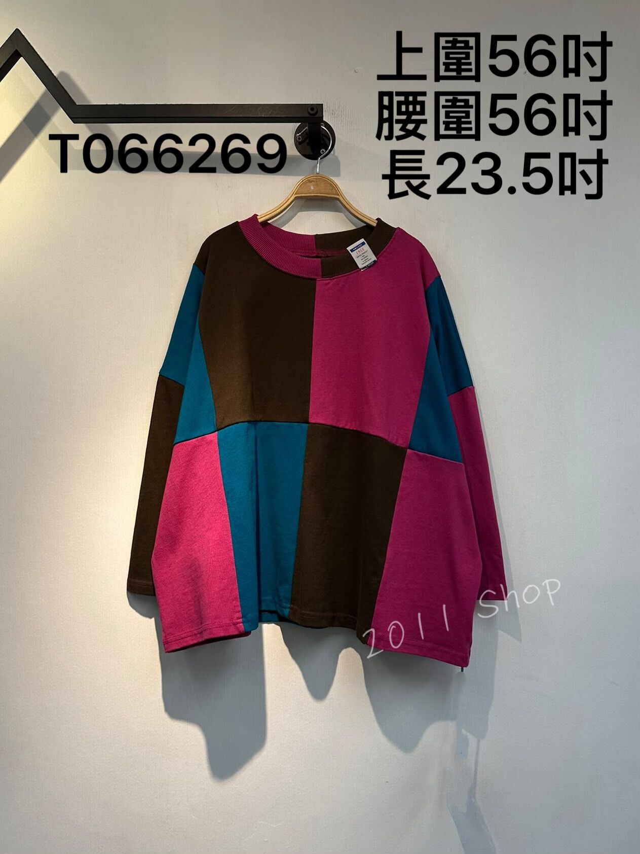 出口日本拼色長方格長袖TOP  上圍56吋 腰圍56吋 長23.5吋  T066269