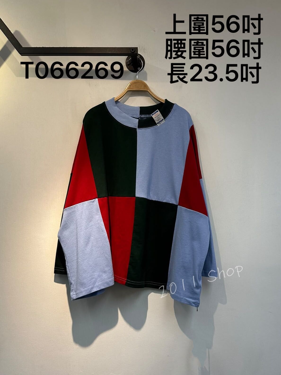 出口日本拼色長方格長袖TOP  上圍56吋 腰圍56吋 長23.5吋  T066269