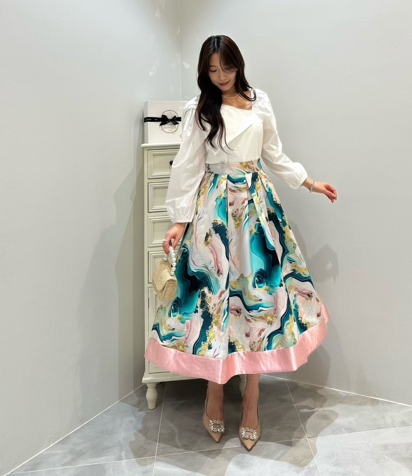 水彩粉緞長裙