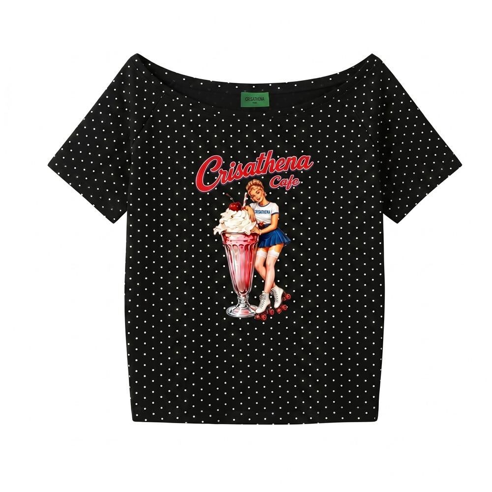 C73 Crisathena 1950s Café Off Shoulder T-Shirt in Black,Polkadots｜CT-CH2651-BLK_WHT