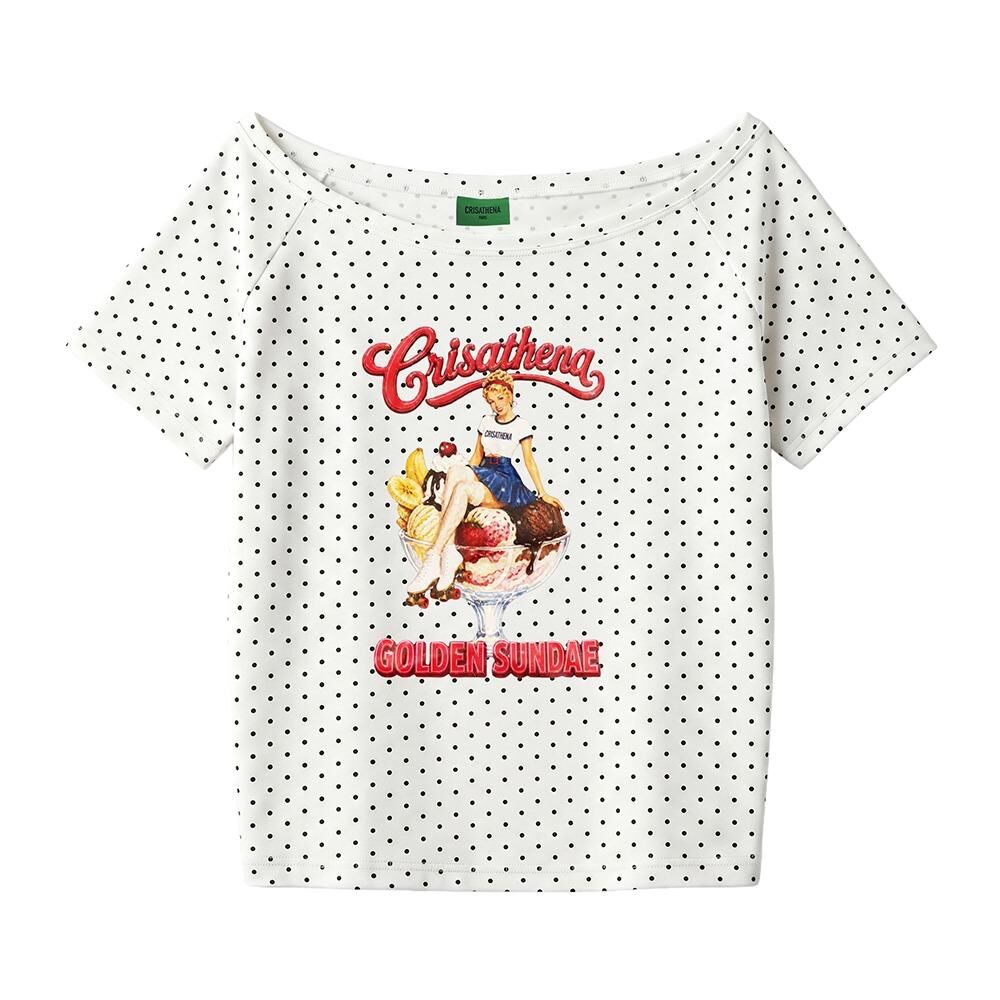 C74 Crisathena 1950s Golden Sundae Off Shoulder T-Shirt in White,Polkadots｜CT-CH2644-WHT_BLK