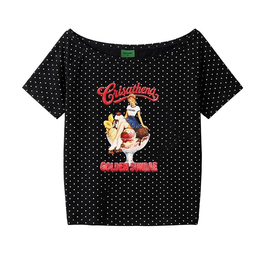 C75 Crisathena 1950s Golden Sundae Off Shoulder T-Shirt in Black,Polkadots｜CT-CH2644-BLK_WHT