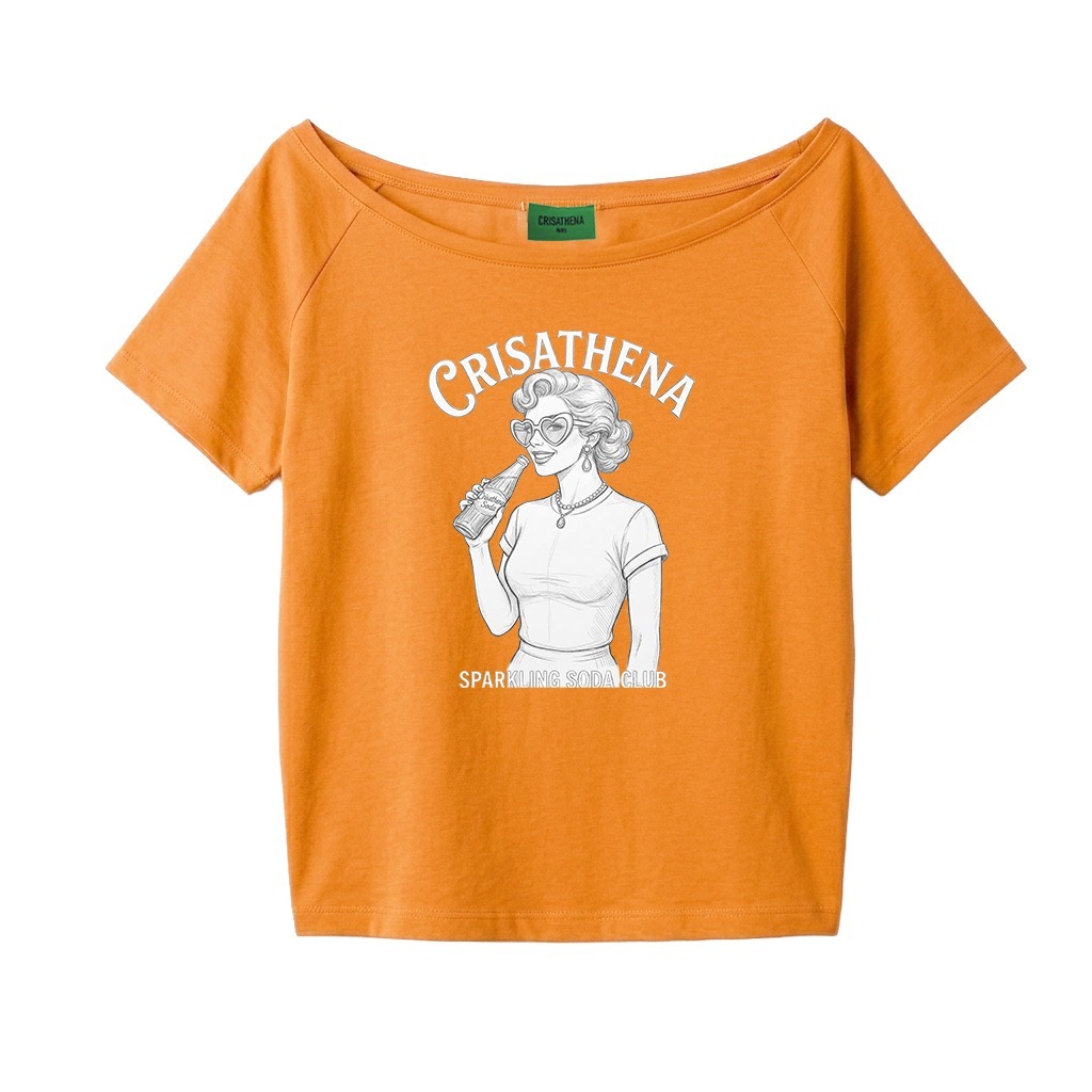 C77 Crisathena 1950s Soda Club Sketch Off Shoulder T-Shirt in Orange｜CT-CH2642-ORG