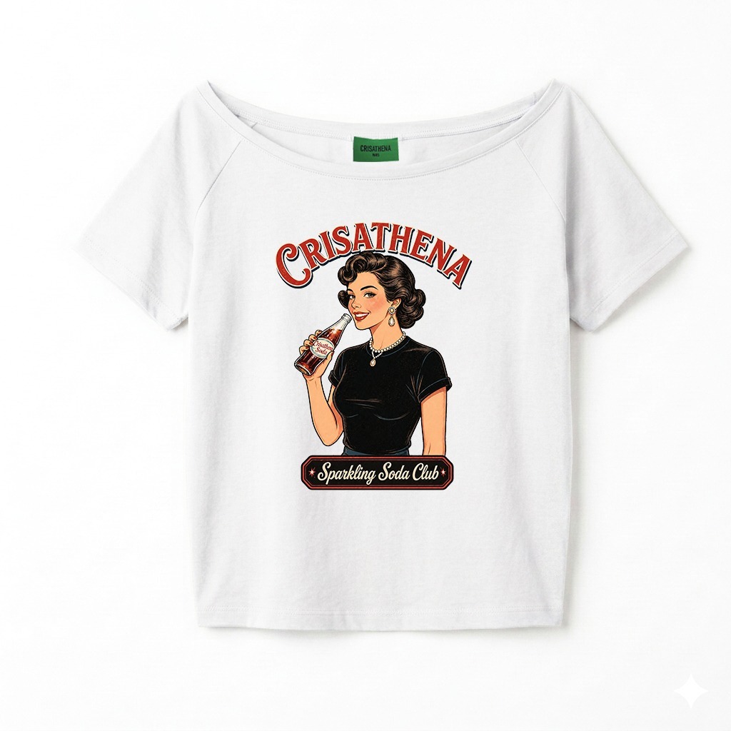 C79 Crisathena 1950s Soda Club Off Shoulder T-Shirt in White｜CT-CH2641-WHT
