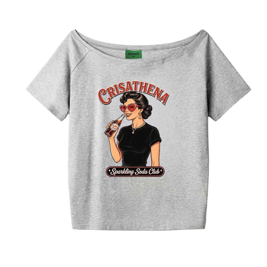 C80 Crisathena 1950s Soda Club with Glasses Off Shoulder T-Shirt in Grey｜CT-CH2640-GRY