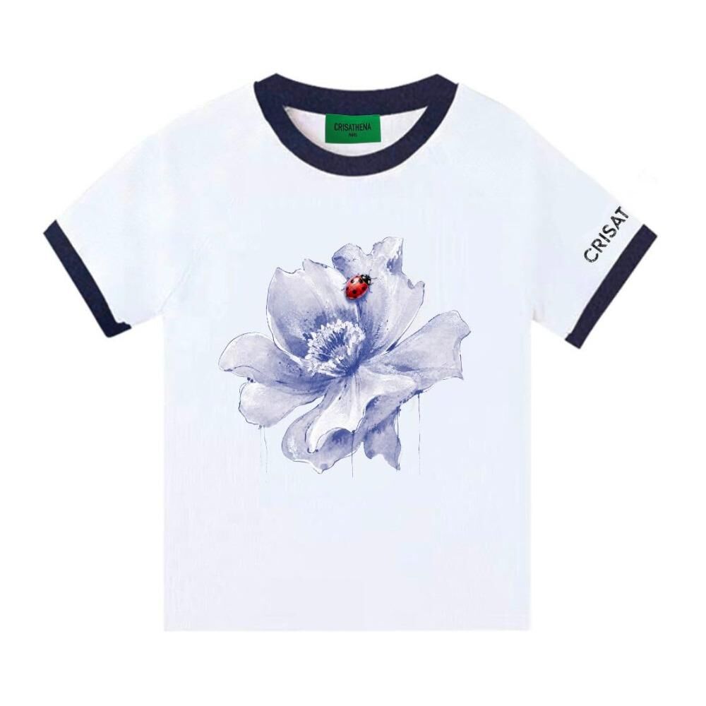 C100 Crisathena Flower T-Shirt in White,Navy｜CT-CH2687-WHT_NVY