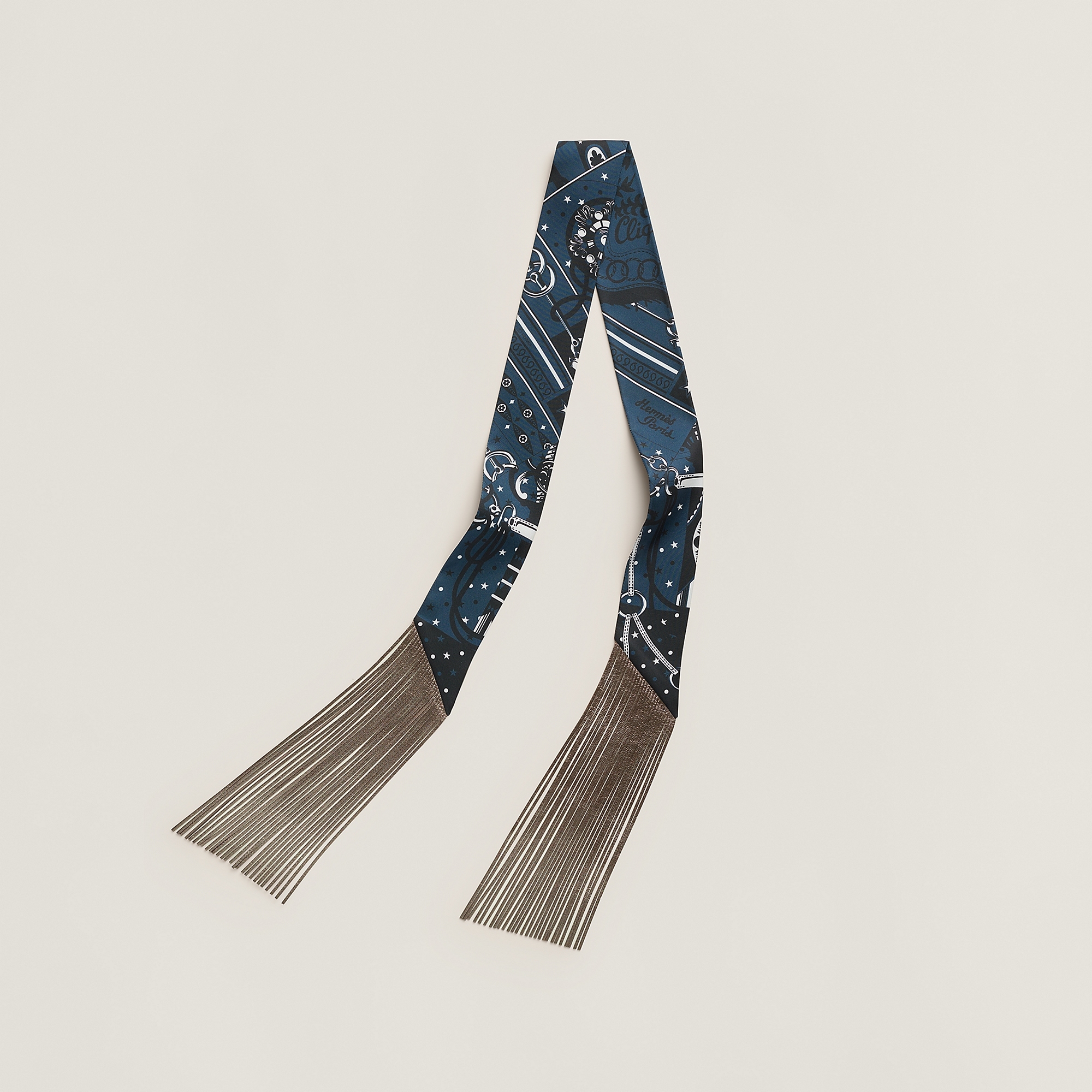 HERMES Bandana leather fringes Twilly Marine / Blanc / Noir