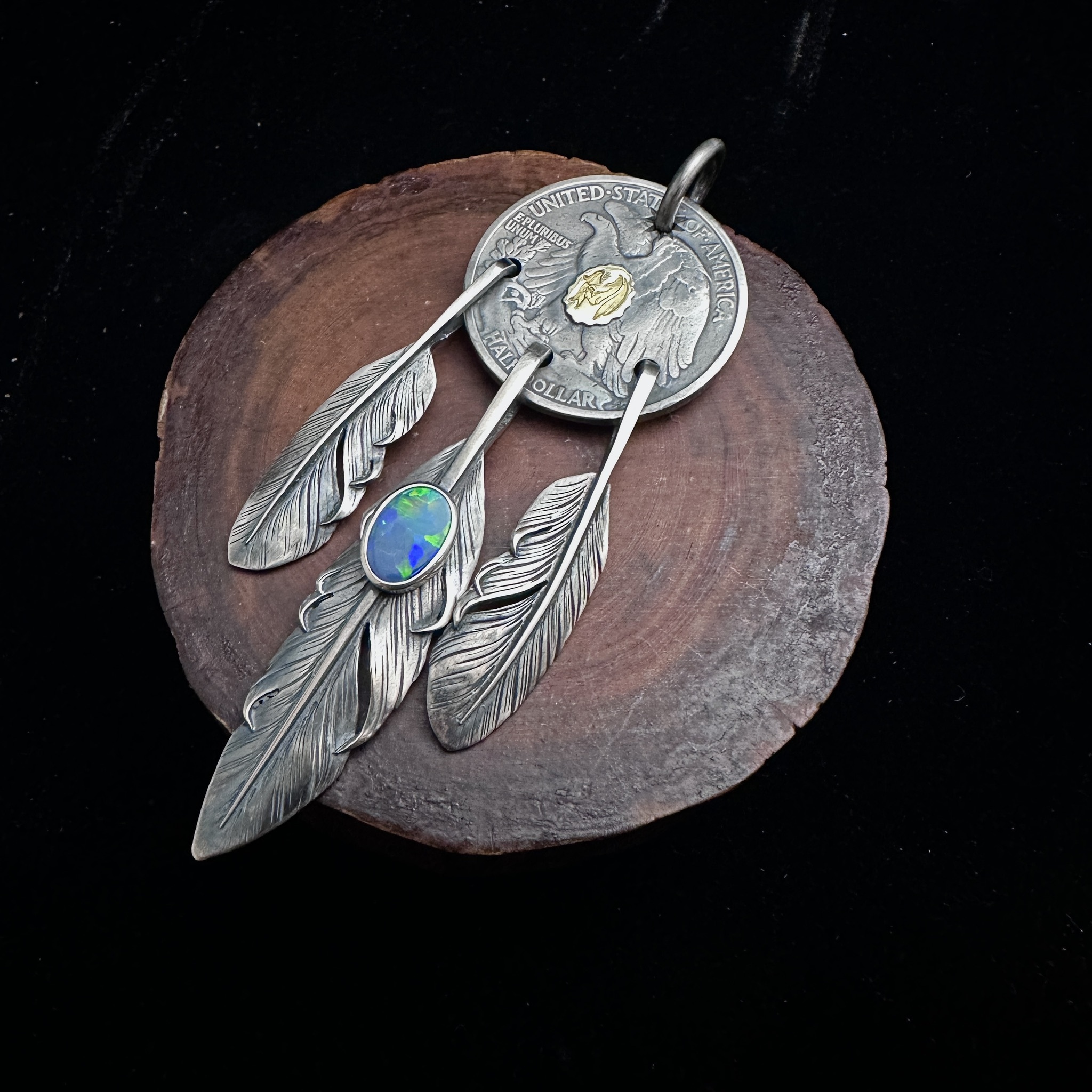 Black Venom Jewelry- Freedom & Prayer 18k Eagle Stamp Dream Catcher Pendent with Australian Opal(S)