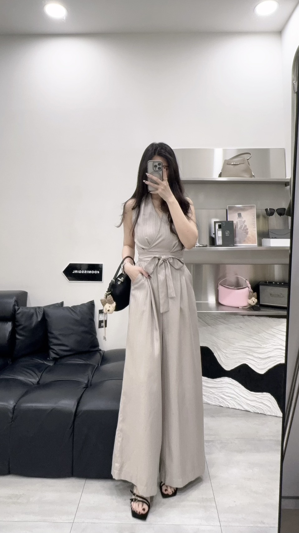老錢風直紋掛脖落地褲(25538)