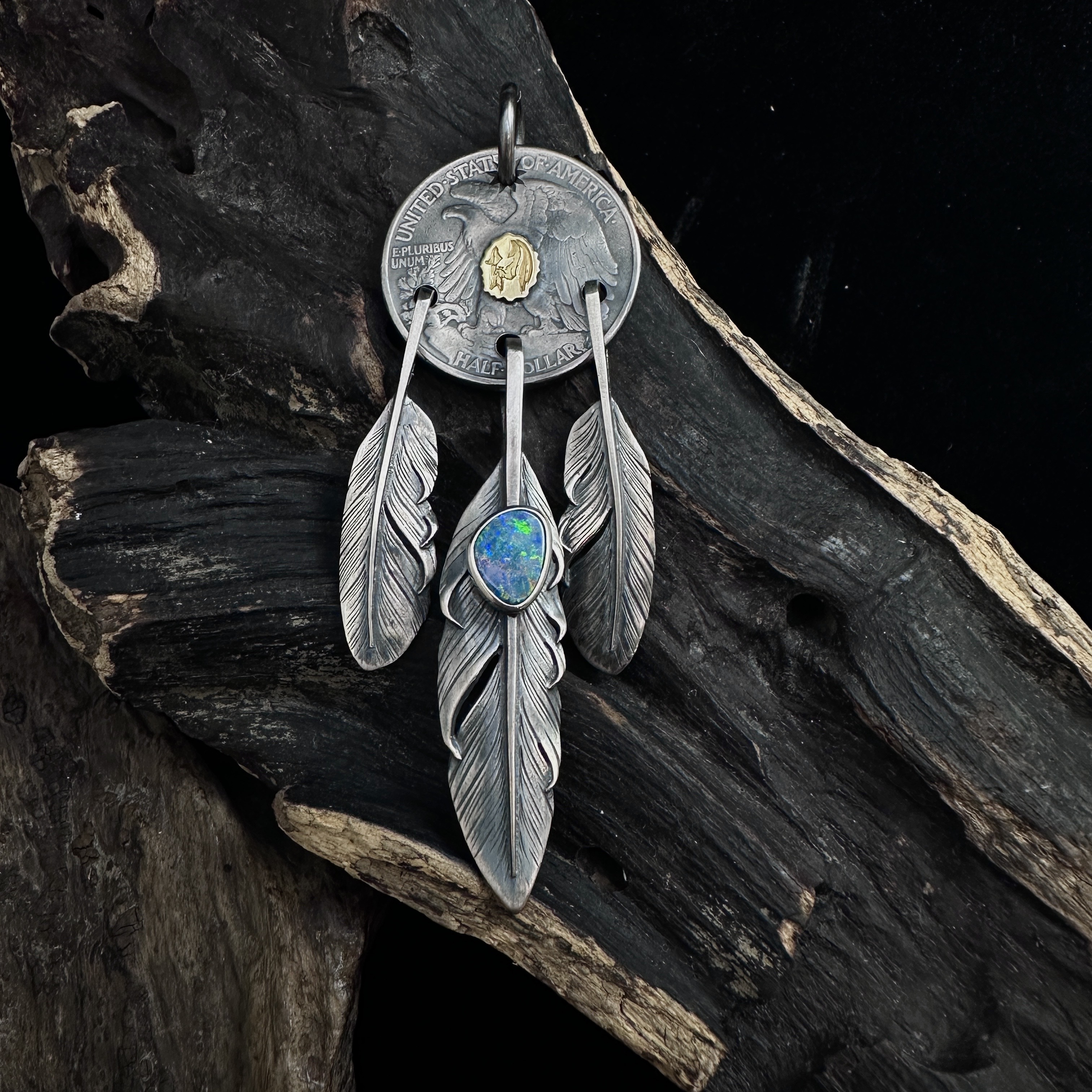 Black Venom Jewelry- Freedom & Prayer 18k Eagle Stamp Dream Catcher Pendent with Australian Opal(S)