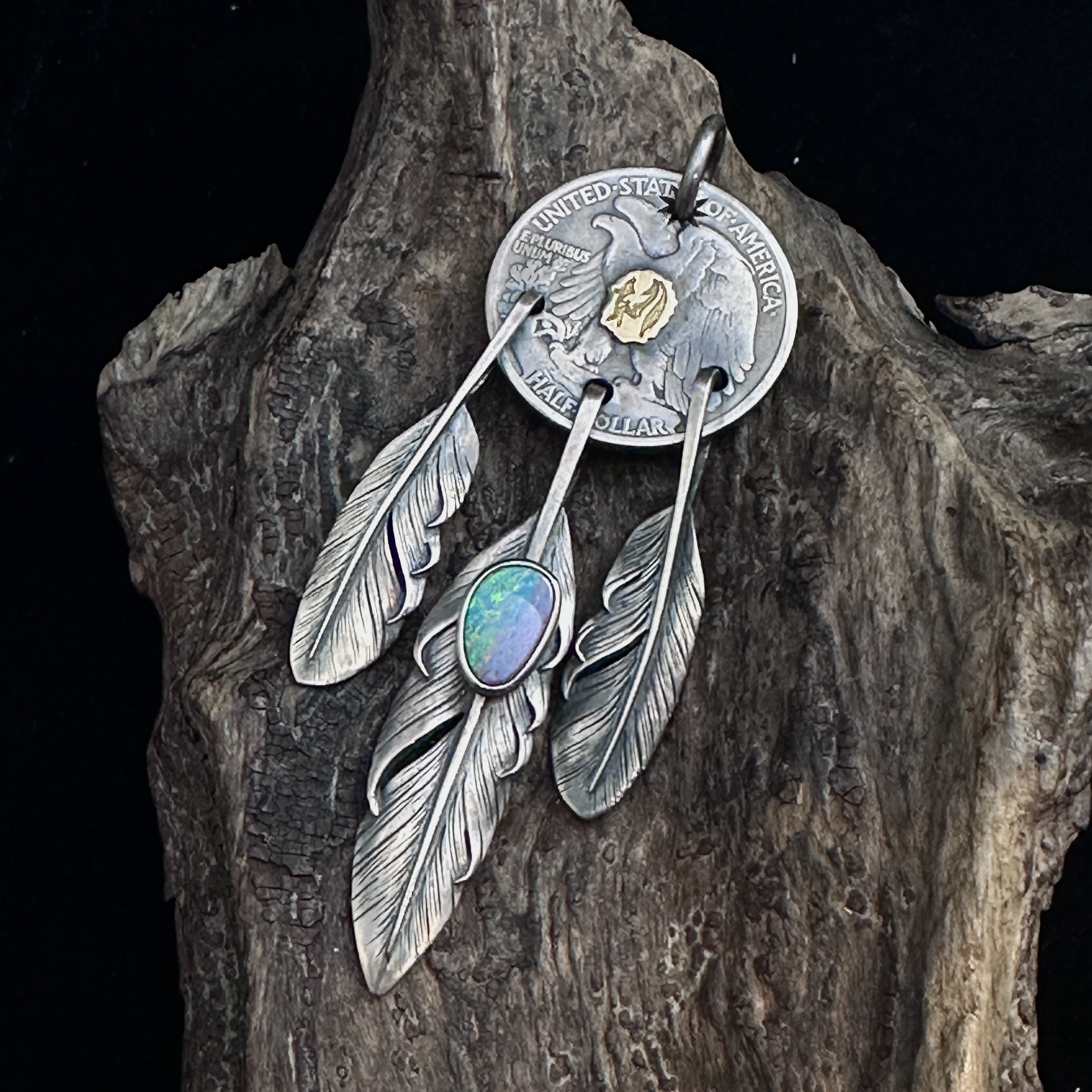 Black Venom Jewelry- Freedom & Prayer 18k Eagle Stamp Dream Catcher Pendent with Australian Opal(S)