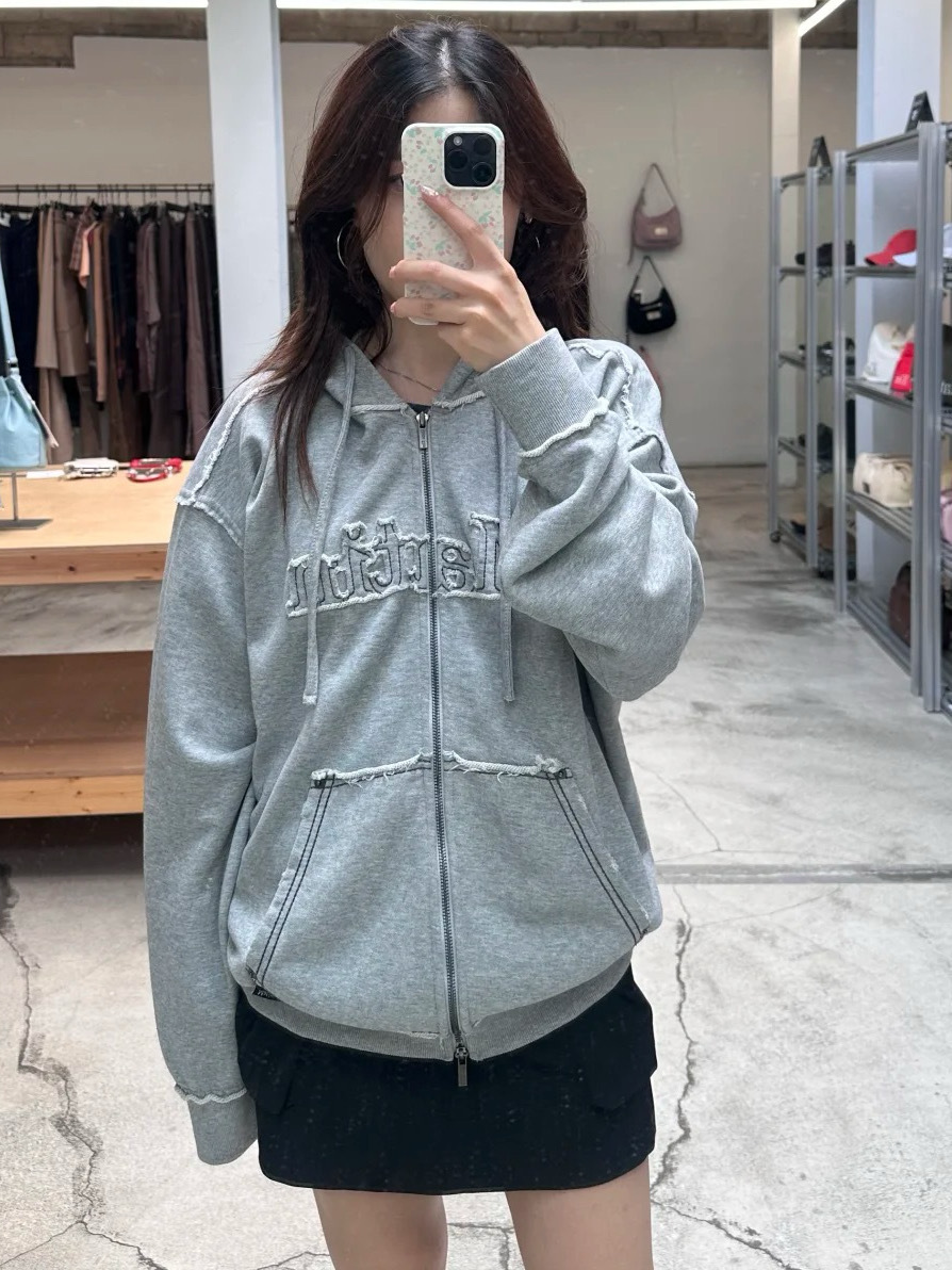 【預購】韓國 Matin kim 毛邊 Logo 標誌 Raw Cut Applique Hoody Zip Up 毛邊破壞 雙拉鍊 連帽 外套