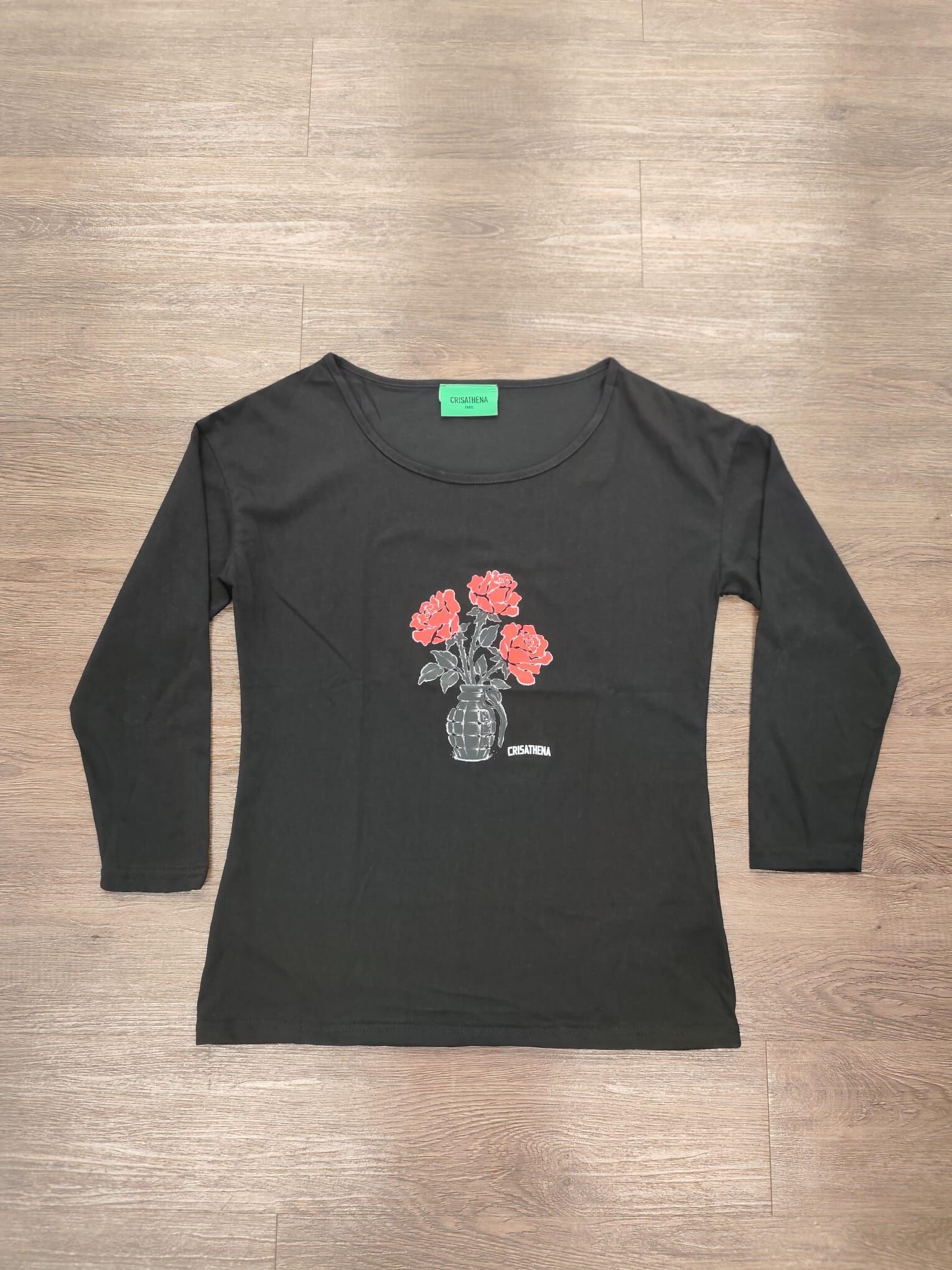 C108 Crisathena 玫瑰花長袖T-Shirt - 黑色｜CT-CH2693-BLK