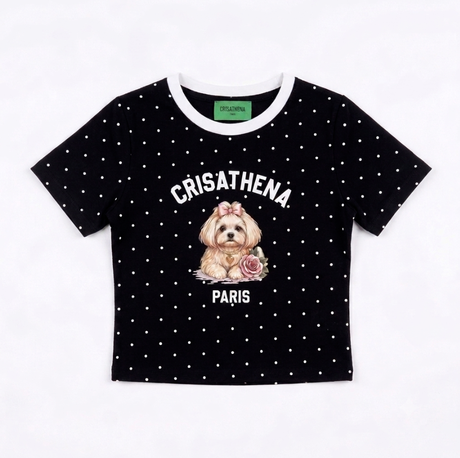 C135 Crisathena Shih Tzu Slim Fit T-Shirt in Black,Polkadots｜CT-CH2672-BLK_WHT