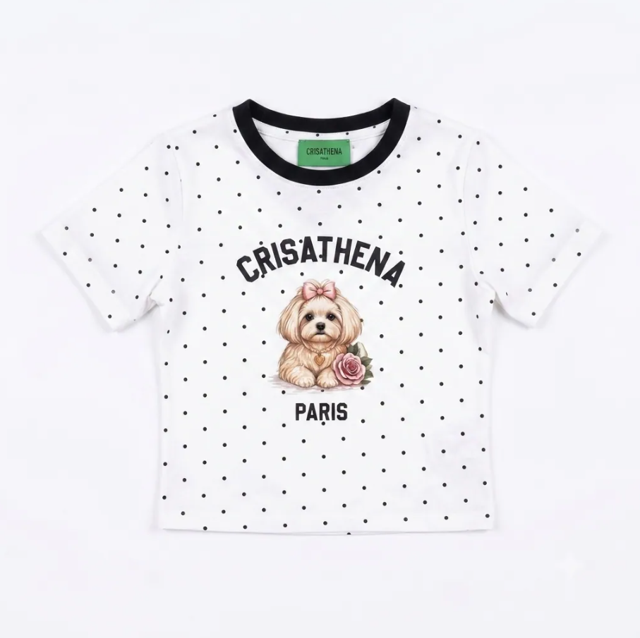 C136 Crisathena Shih Tzu Slim Fit T-Shirt in White,Polkadots｜CT-CH2672-WHT_BLK