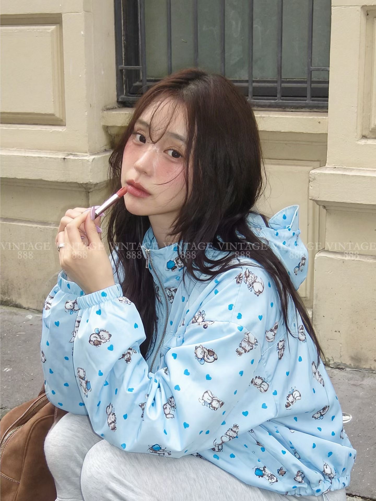 卡通愛心印圖連帽夾克