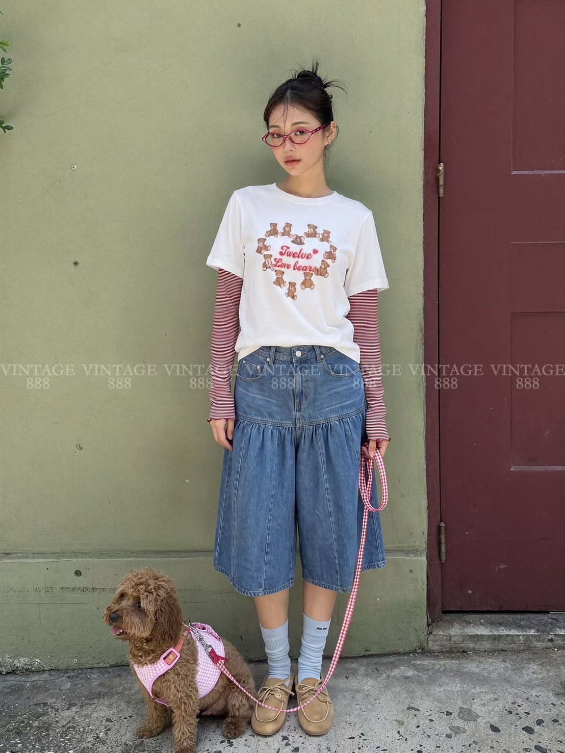 圍愛心泰迪拚條紋袖T