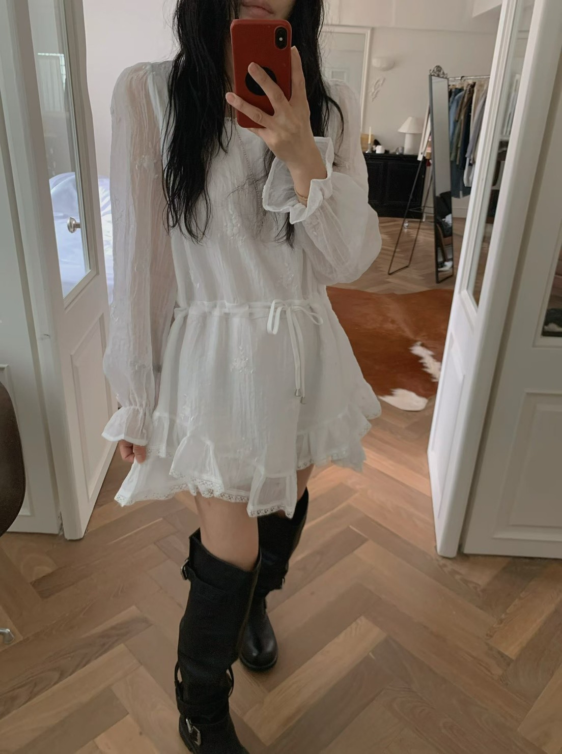 仙女綁帶縮腰織花短洋裝