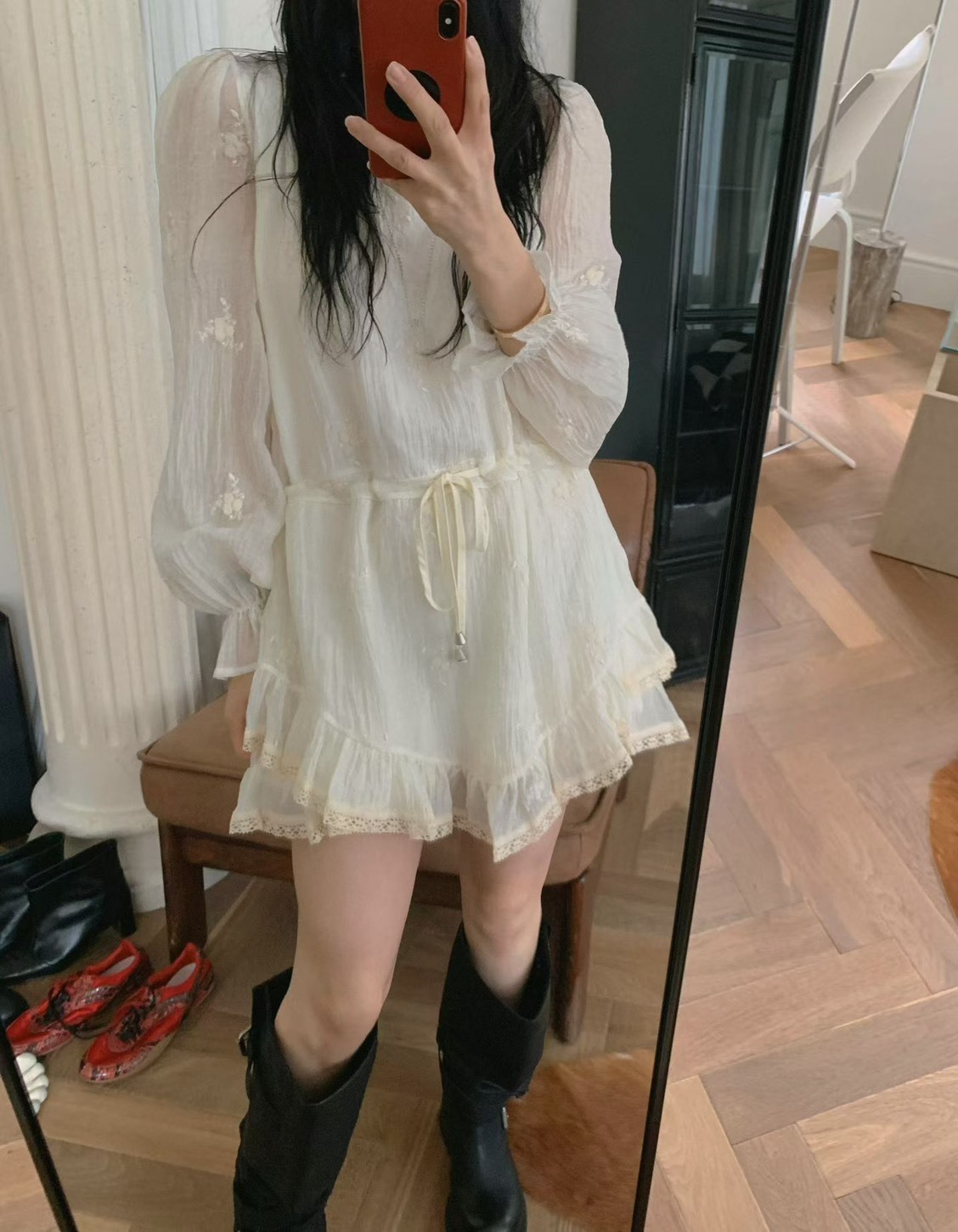 仙女綁帶縮腰織花短洋裝