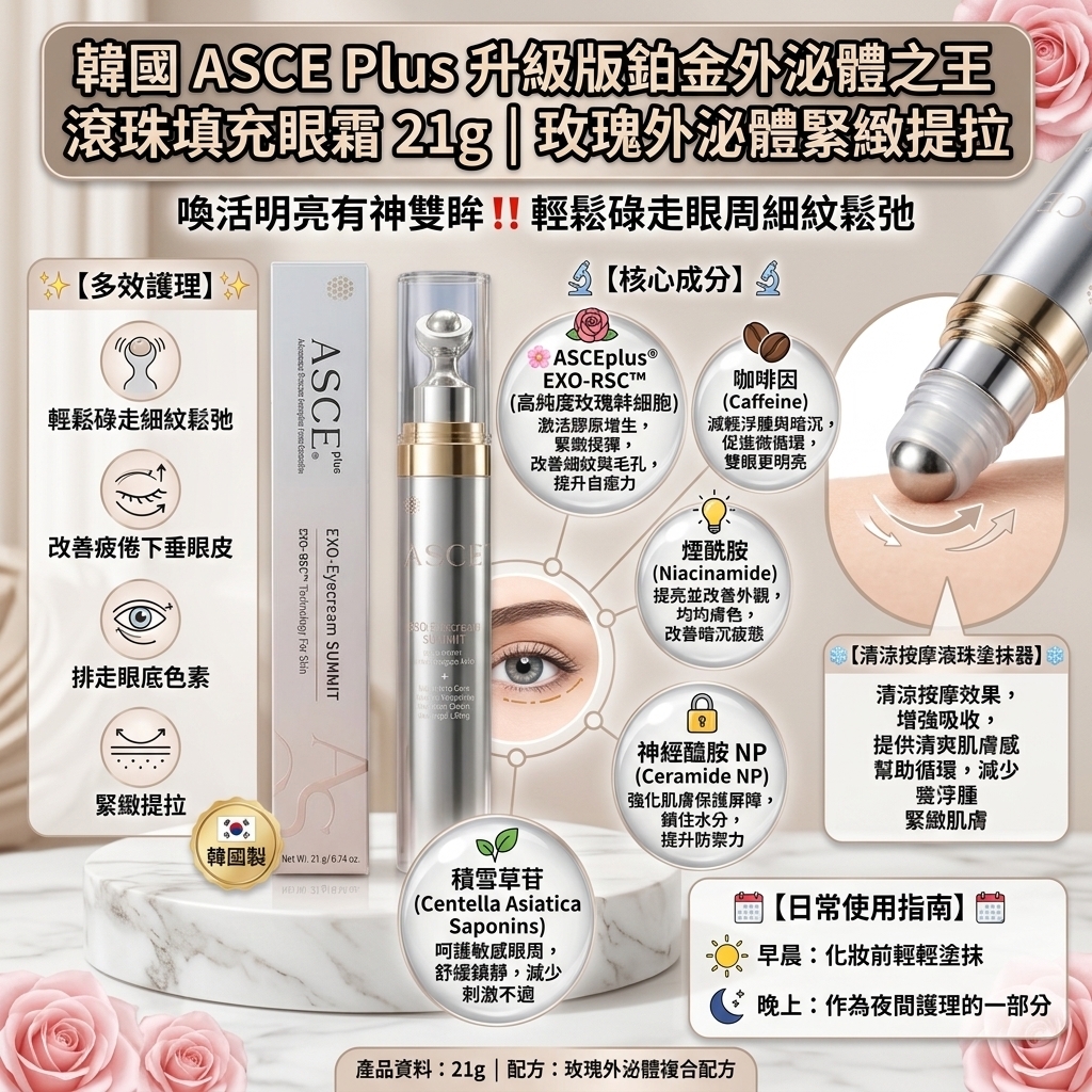 韓國 ASCE Plus 升級版鉑金外泌體之王滾珠填充眼霜 21g｜玫瑰外泌體緊緻提拉