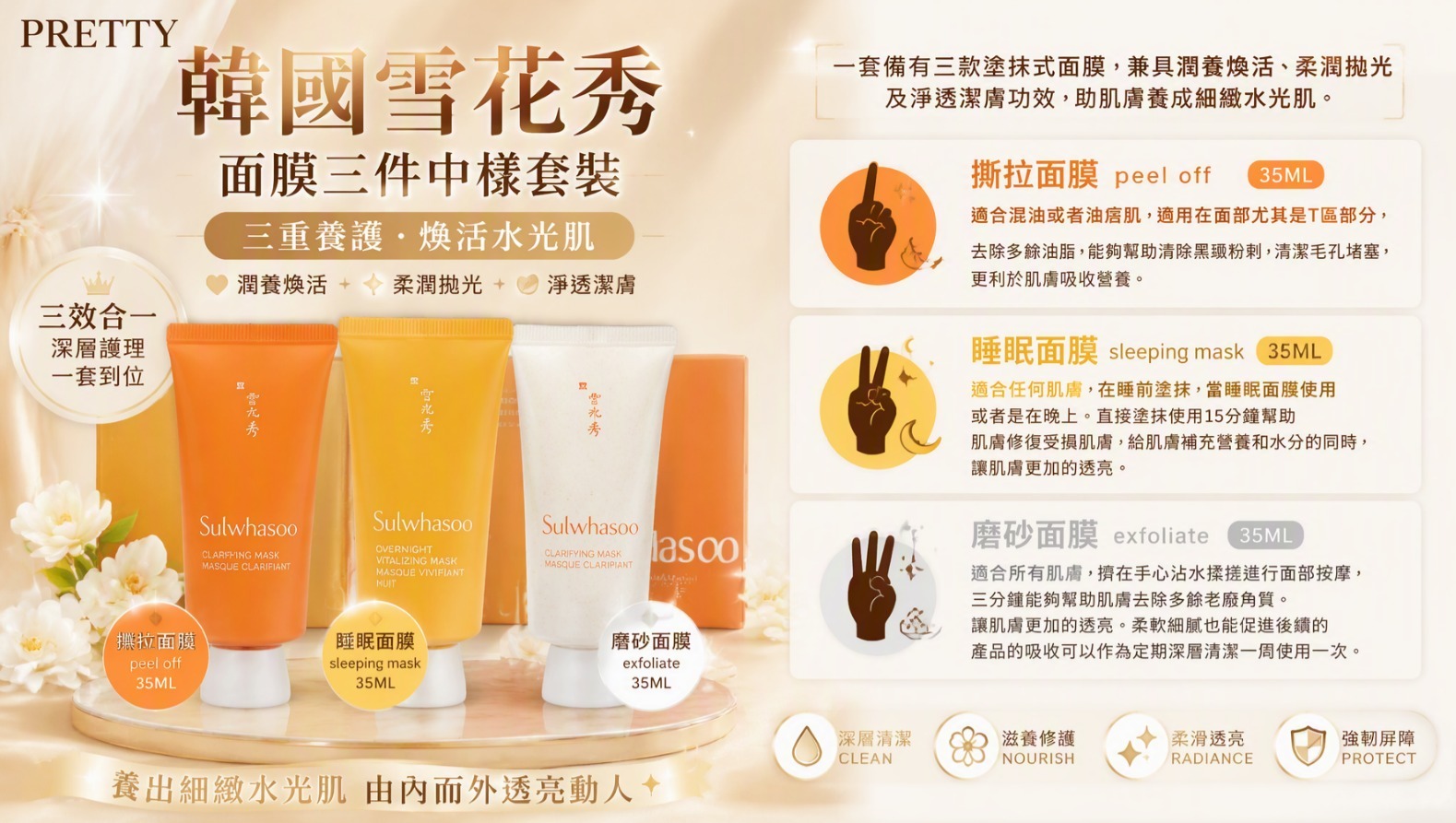 UL19 雪花秀面膜三件中樣套裝 (撕拉面膜/睡眠面膜/磨砂面膜)各35ML  2/2028年