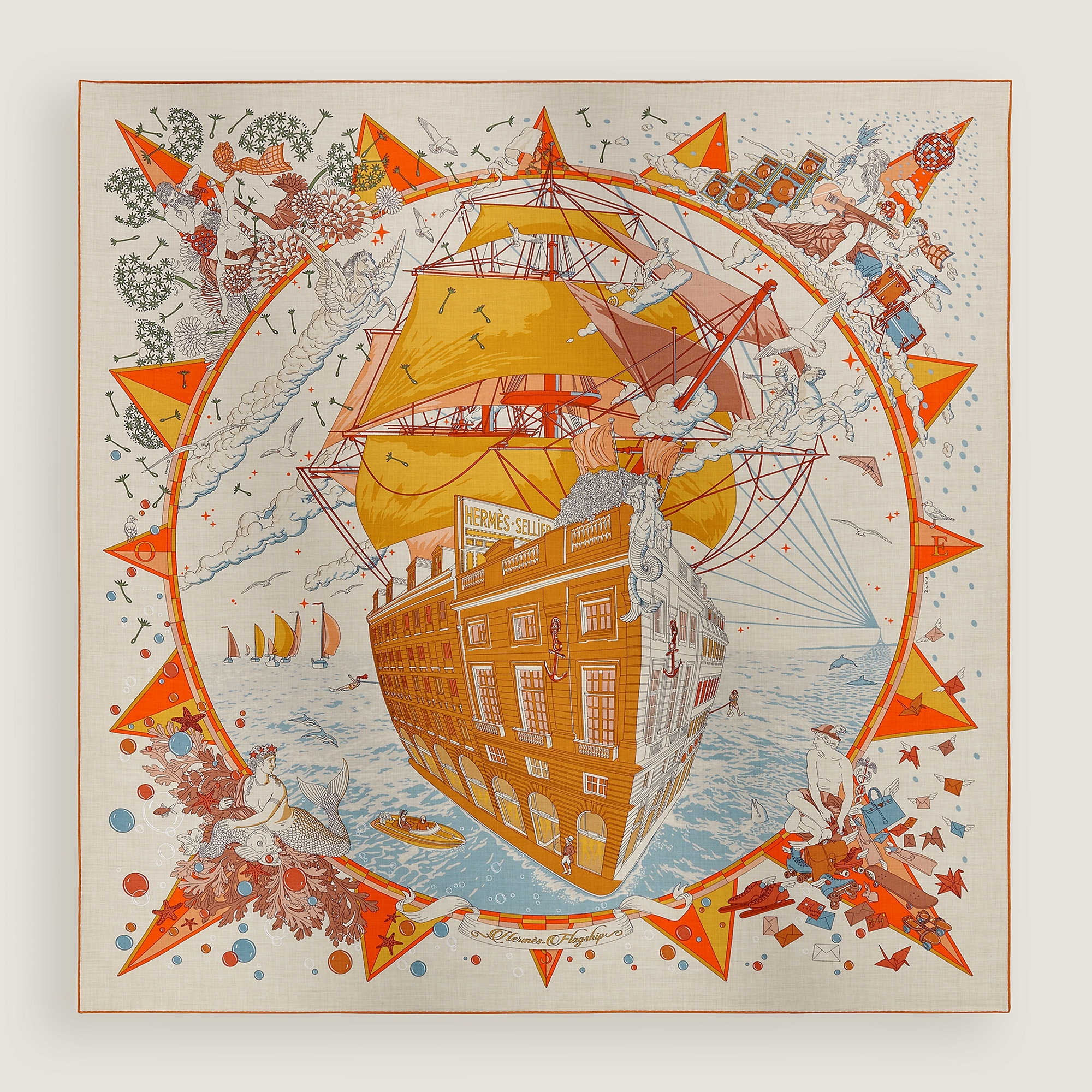 Hermès Flagship shawl 140 Naturel / Orange Cuit / Bleu Glacier