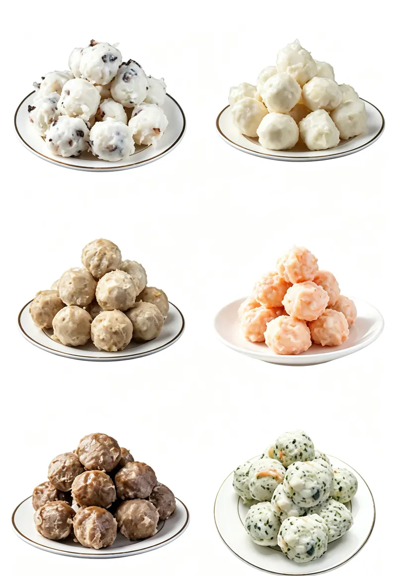 6種丸子（無燒賣）組合：1花膠蝦丸150g，2花膠貢丸150g，3花膠墨魚丸150g，4海苔墨魚蝦丸150g，5花膠牛肉丸150g，6海參墨魚丸150g