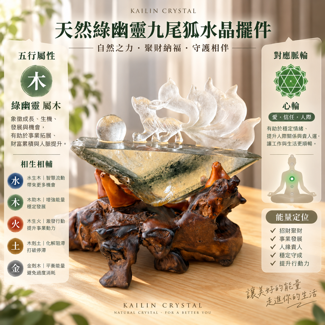 天然綠幽靈九尾狐水晶擺件｜綠幽靈五行屬木、心輪水晶、招財水晶擺件、事業運、貴人運、實木底座