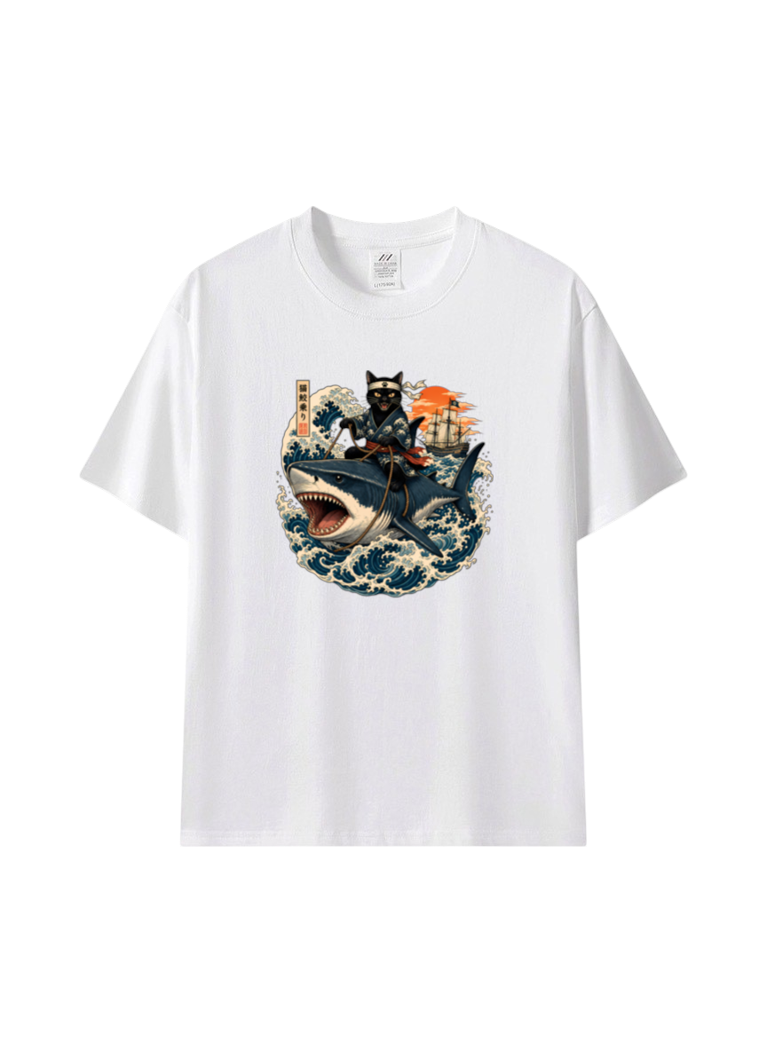 浪貓武士鯊魚浮世繪短袖T恤｜日系趣味插畫上衣・