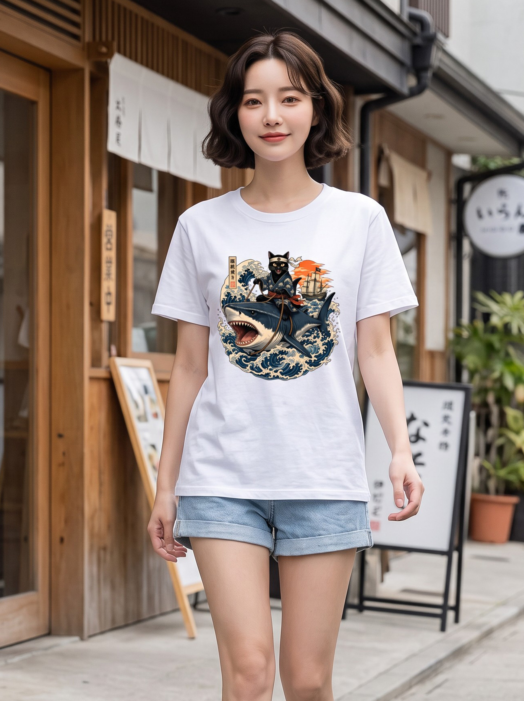 浪貓武士鯊魚浮世繪短袖T恤｜日系趣味插畫上衣・
