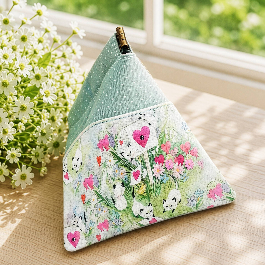 Finished triangle spring-frame pouch showing its dimensional shape