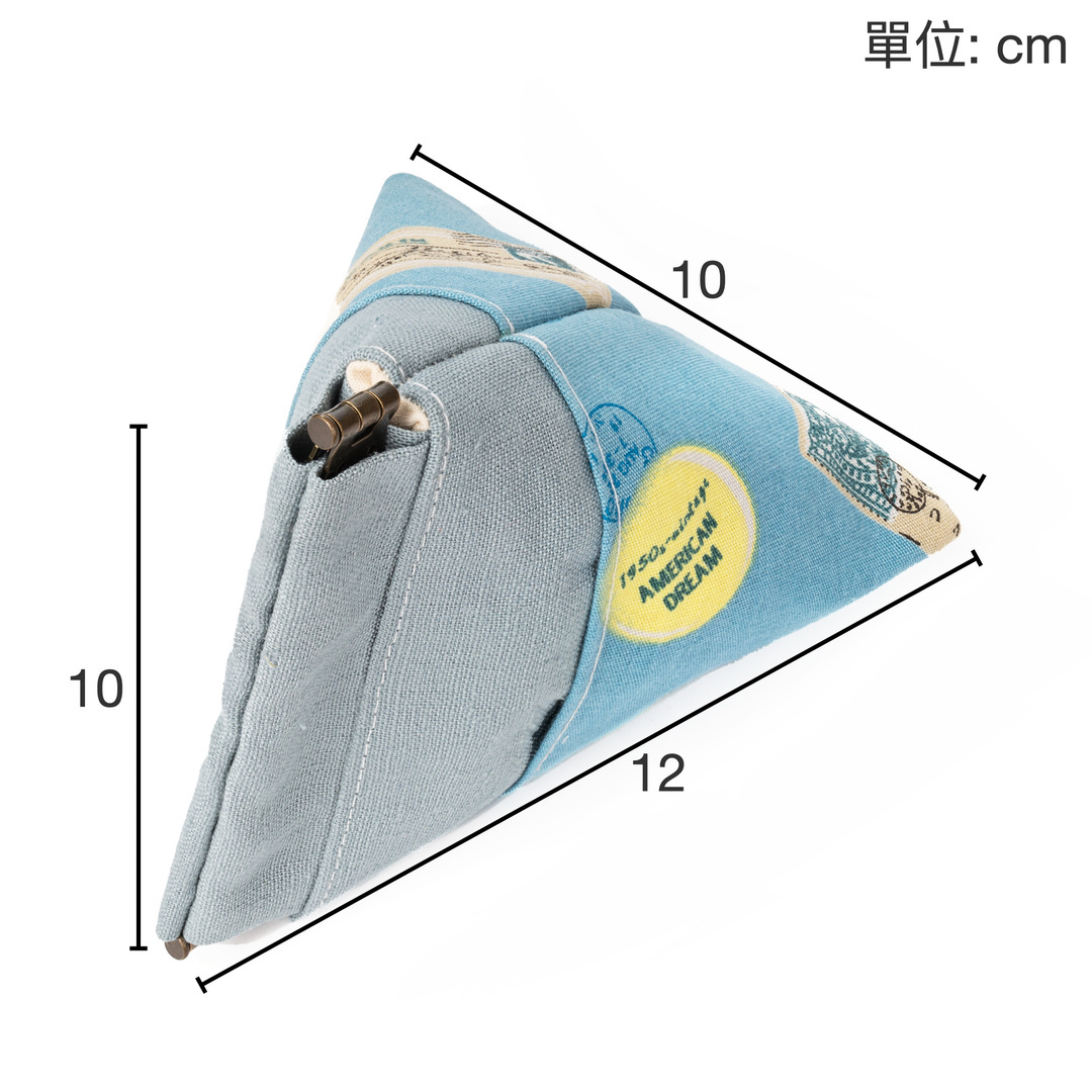 Triangle spring-frame pouch dimensions: 12 cm base, 10 cm height, and 10 cm side
