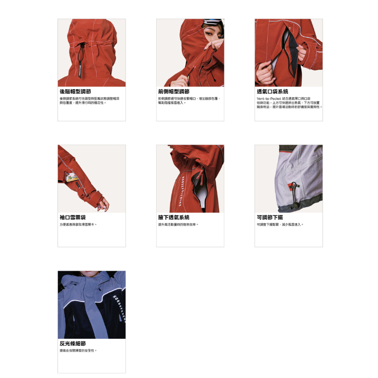HORSEFEATHERS Jafar Jacket 20K/20K 滑雪衣多色款展示圖,包含橘紅、黑灰等款式的正面與細節圖組合