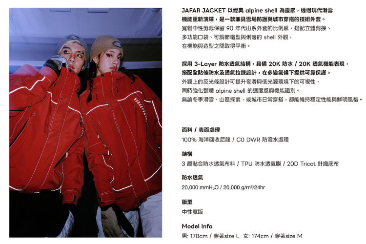 HORSEFEATHERS Jafar Jacket 20K/20K 滑雪衣橘紅款，雙模特兒於雪場室內潮感實穿與完整產品規格規格說明頁面