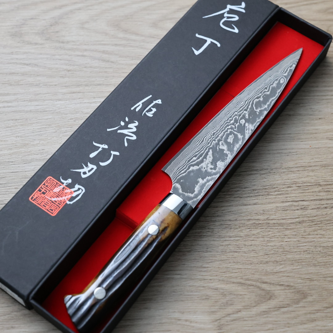 佐治武士 蔬果刀 150mm VG10鋼 黑染大馬士革 鹿角柄