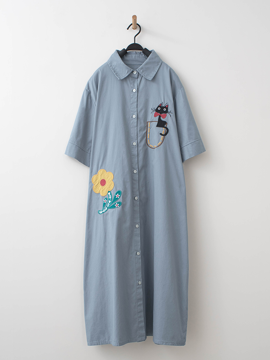 日系童趣刺繡拼布純棉兩穿長版襯衫洋裝