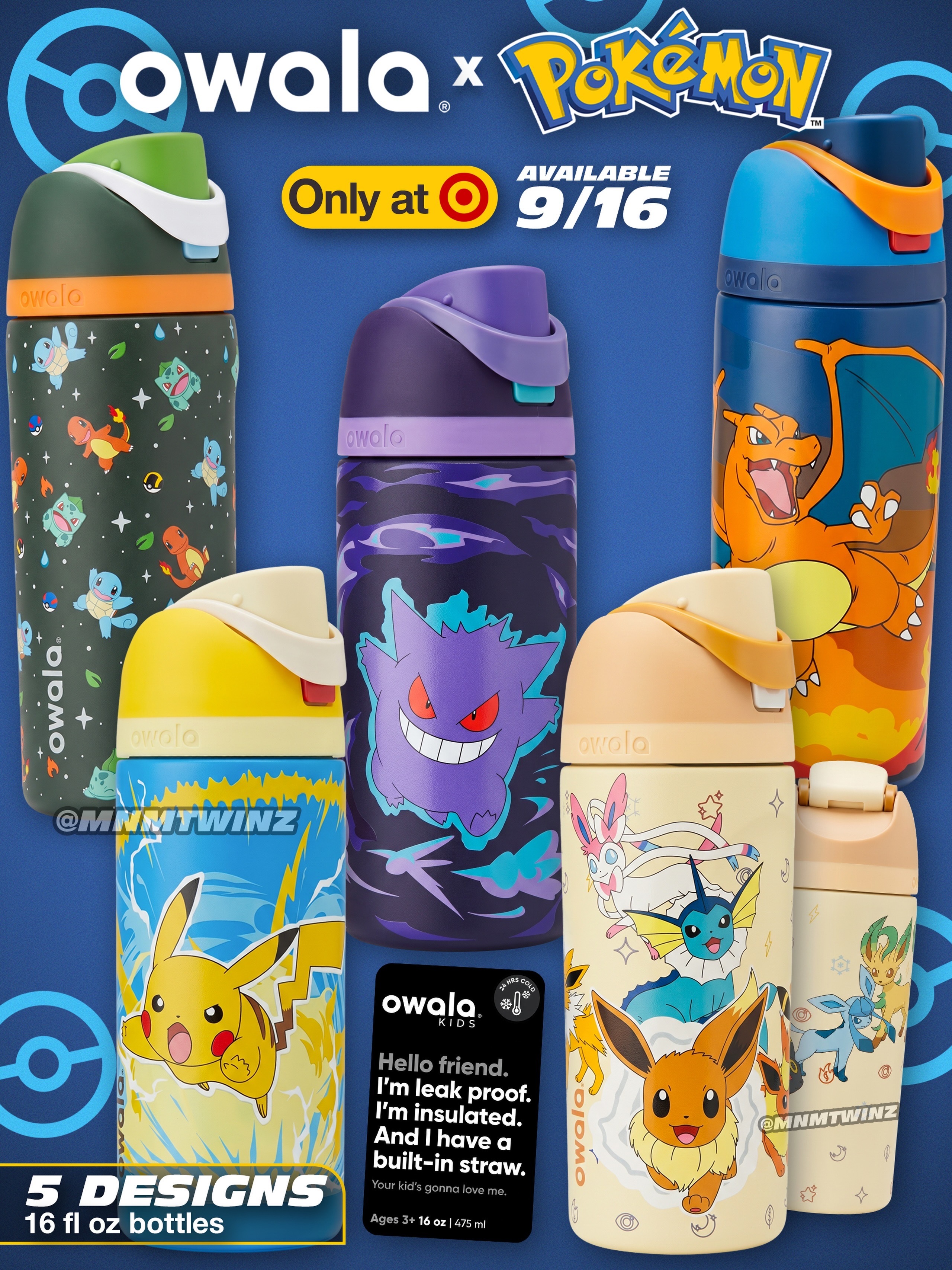 【Luxury】 美國限定 Owala × Pokémon 16oz 寶可夢聯名款 皮卡丘 耿鬼 噴火龍 伊布進化 初代御三家 FreeSip 保冷水壺 雙飲口設計