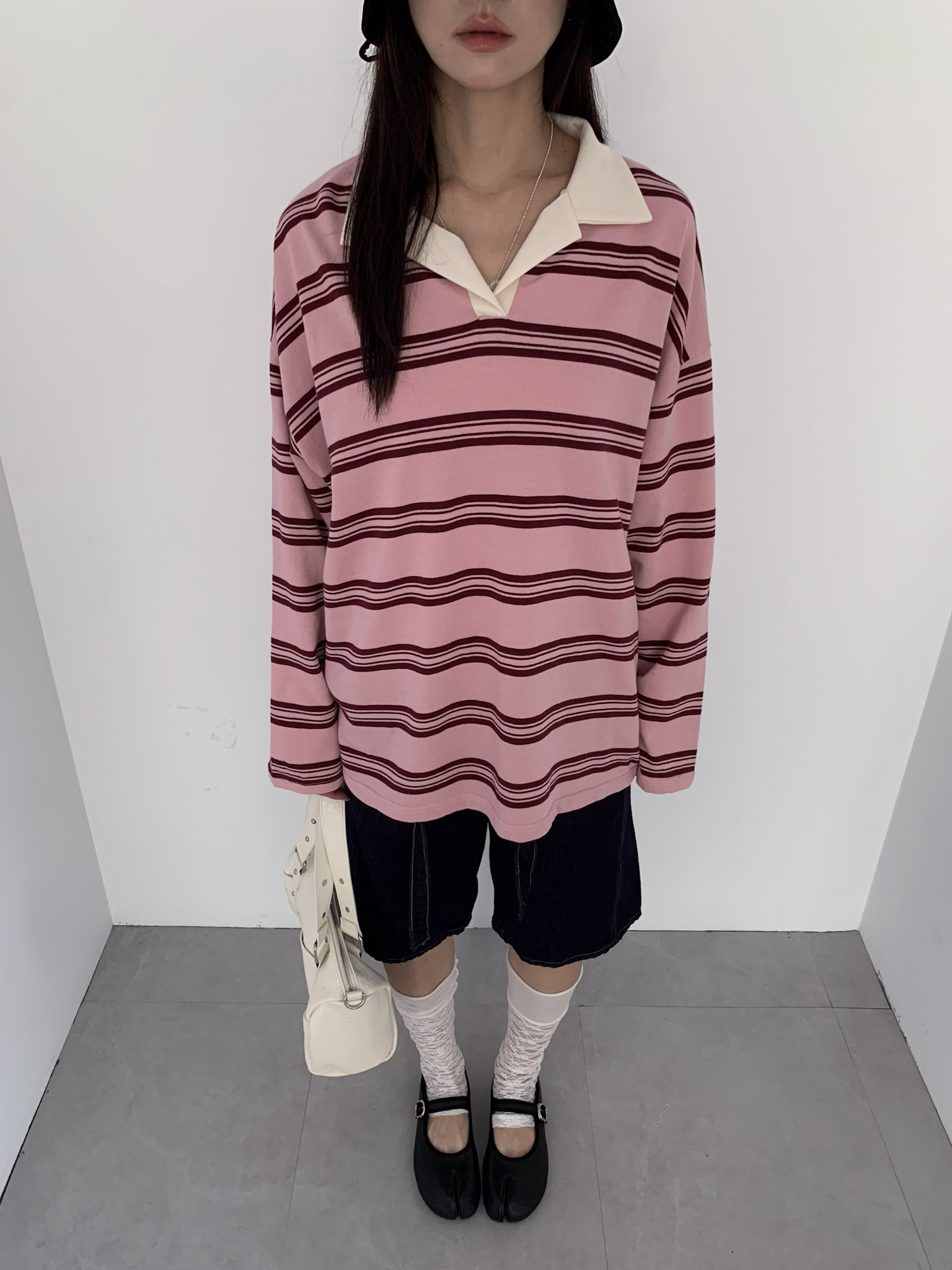 ISA_美式衣櫃 條紋POLO領落肩寬鬆上衣_68061