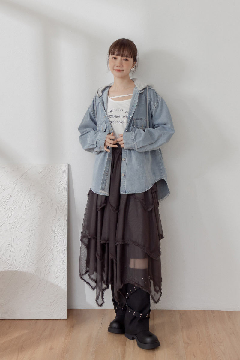 牛仔連帽襯衫外套(帽可拆)
