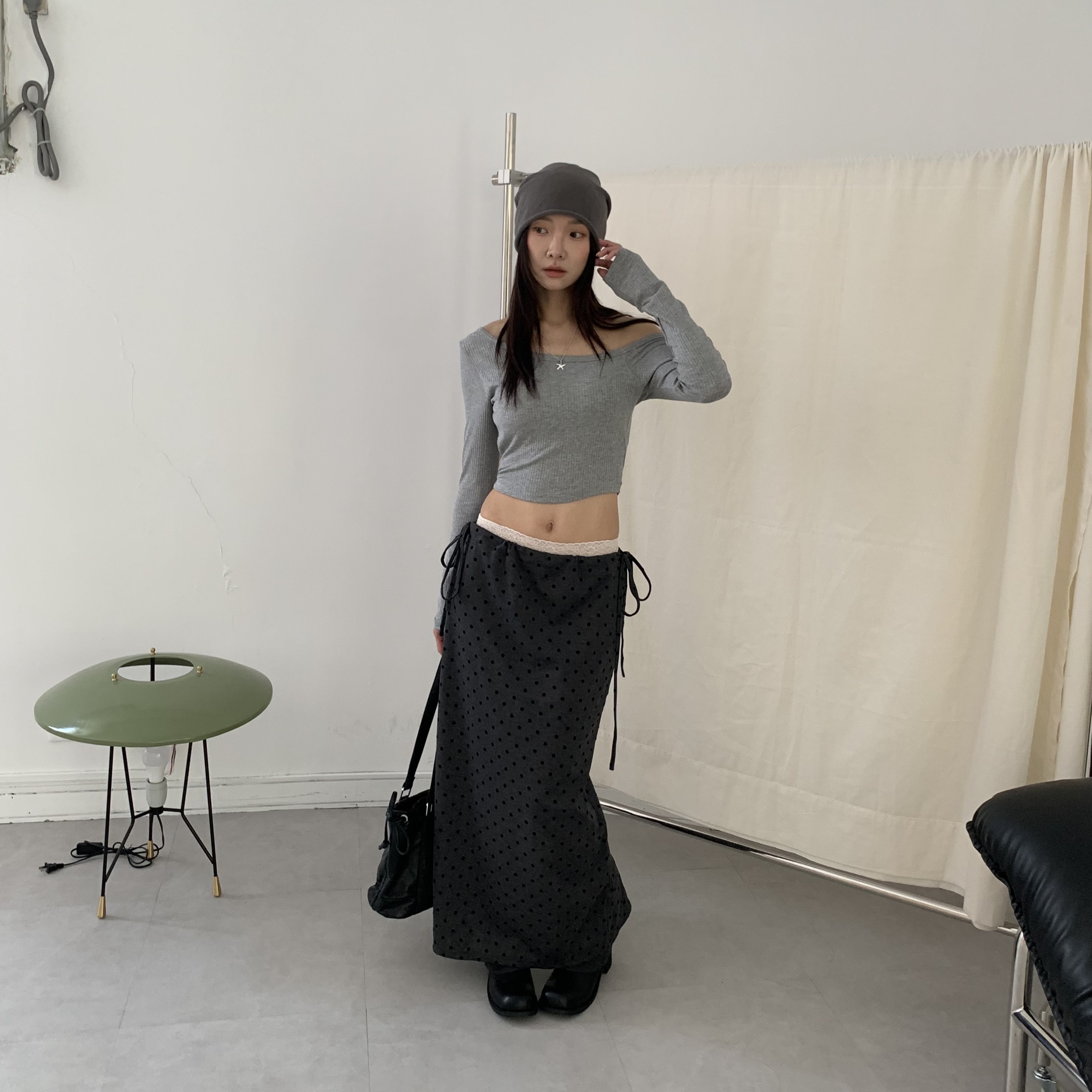 ISA_早秋穿漂亮 波點側抽繩綁帶後開衩長裙_69001