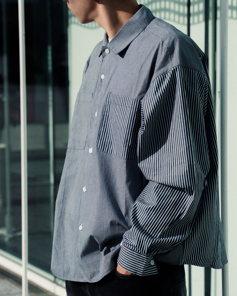 idealism Patchwork Shirt 藍色 長T 條紋 襯衫【ID26063】