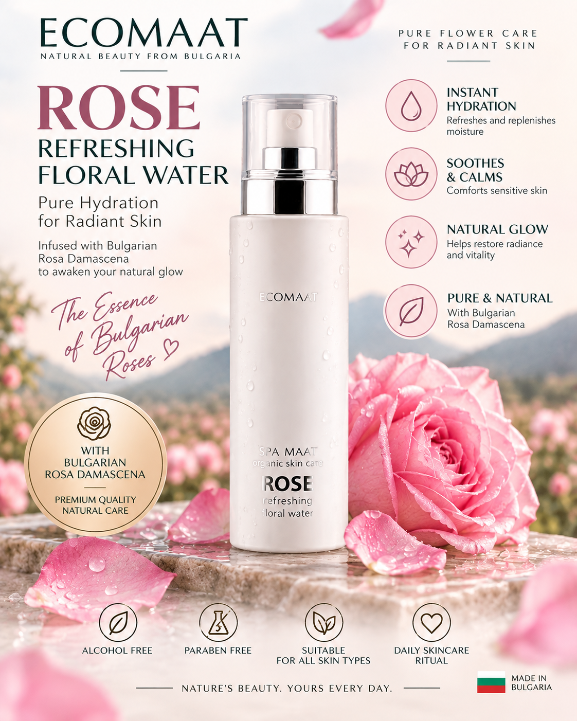 ECOMAAT 伊可茉【正品 】 大馬士革玫瑰純露 100ml｜Rose Refreshing Floral Water｜保加利亞有機玫瑰化妝水